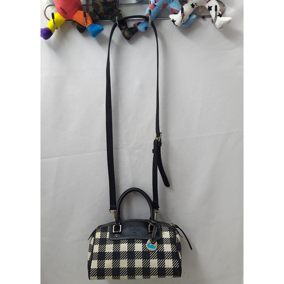 Dooney & Bourke Black White Checker Canvas Leather Trim Top Handle Satchel Bag - Picture 7 of 16